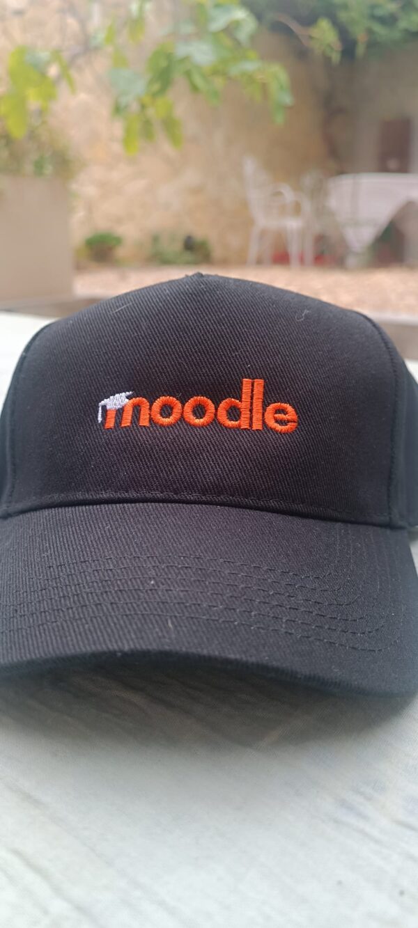 Black cap with Moodle logo in orange