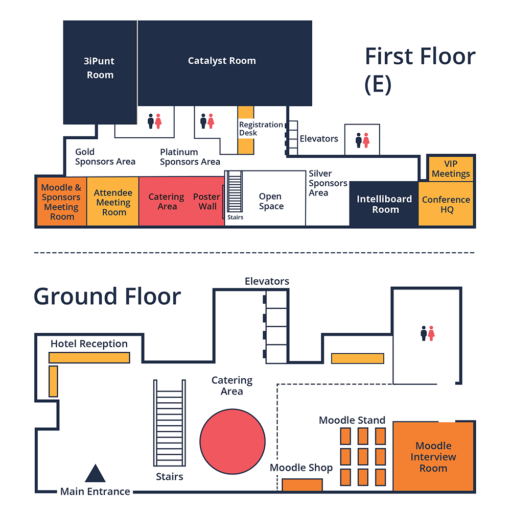 First floor (E) and Ground floor maps of the conference venue.