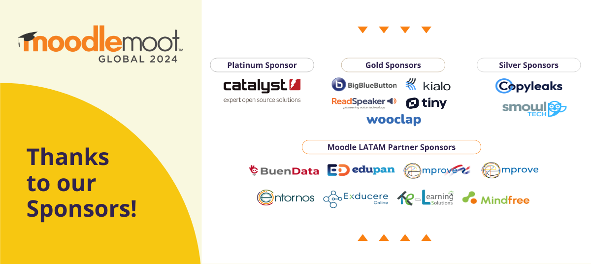 MoodleMoot Global 2024. Thanks to our Sponsors! Catalyst IT, ReadSpeaker, Tiny, BigBlueButton, Kialo, Wooclap, Smowltech, Copyleaks, Buen Data, Edupan, Emprove Costa Rica, Emprove Mexico, Entornos, Exducere, Itel, Mindfree.